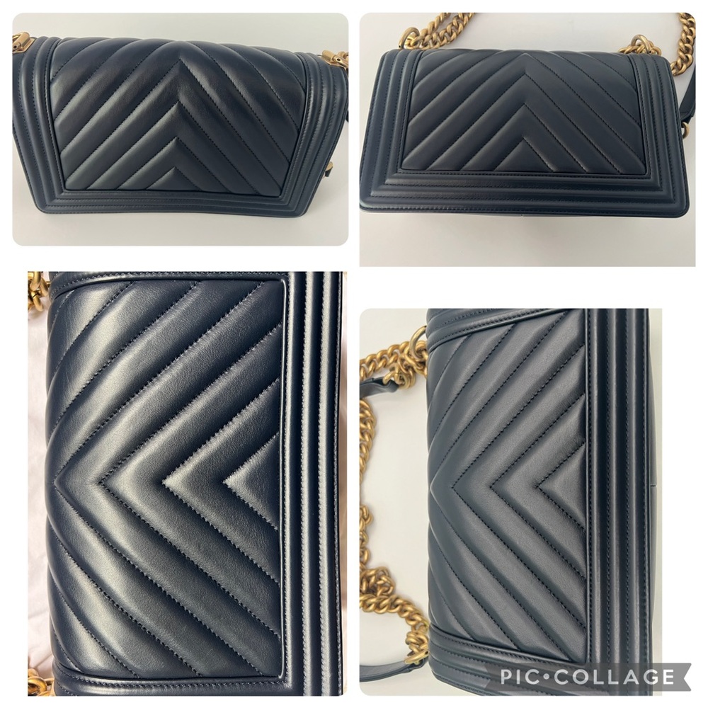 Authentic Chanel Medium Flap Lambskin Le Boy Chevron Navy & Brushed Gold - Picture 5 of 16